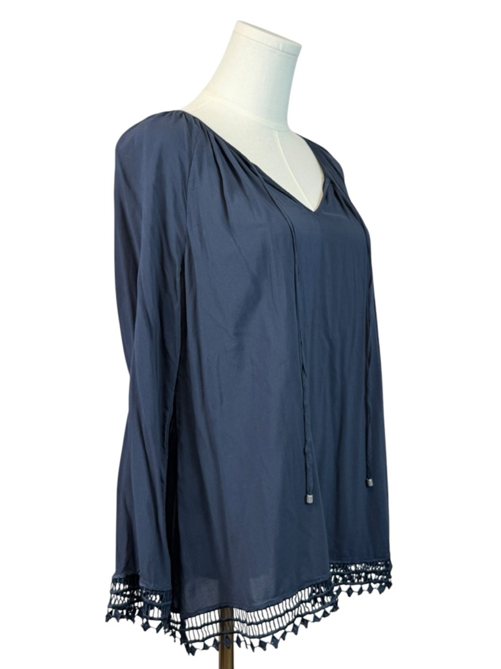 Tart Navy Blue Boho Peasant Blouse Crochet Trim Long Sleeve‎ Top Small - Picture 3 of 6